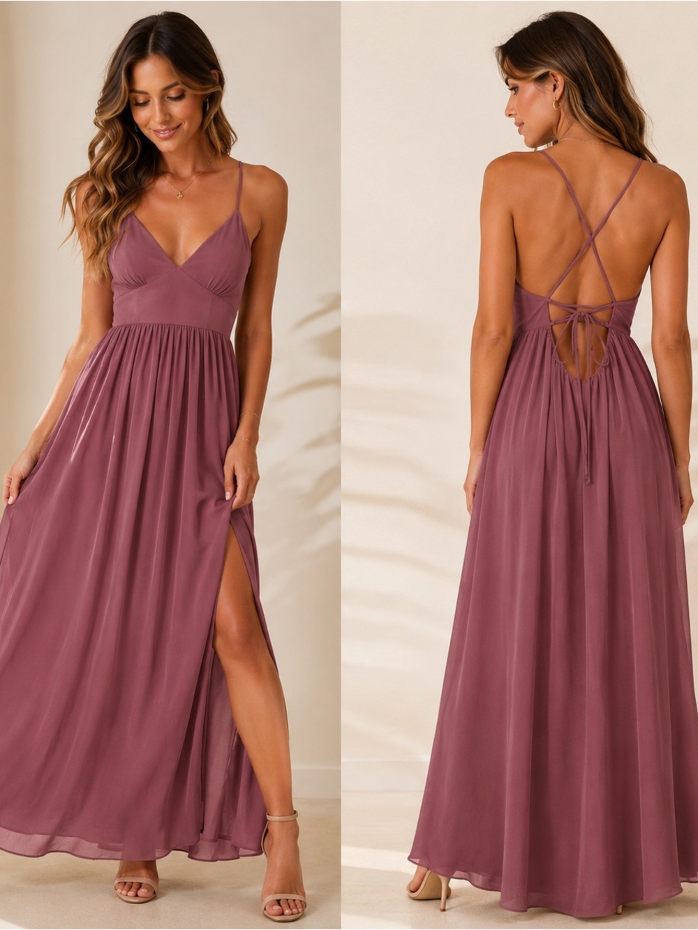 Azazie Dusty Rose Chiffon Bridesmaid Dress Size 4 Lace Up Back Maxi Gown size 4